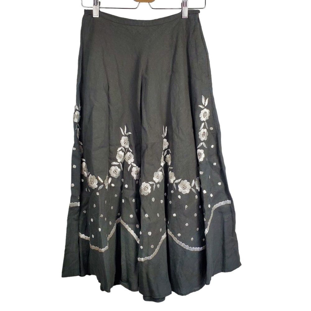 Armand Ventilo 100% Linen Floral Raffia Embroidered Gray White Maxi Skirt Sz 38